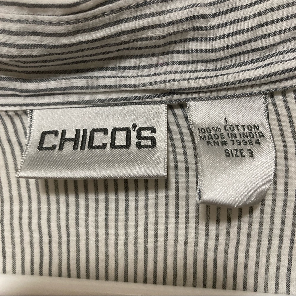 Chico's Blouse Ruffle Striped Button Up Shirt Blue White Long Sleeve Sz 3 Cotton - Picture 4 of 16